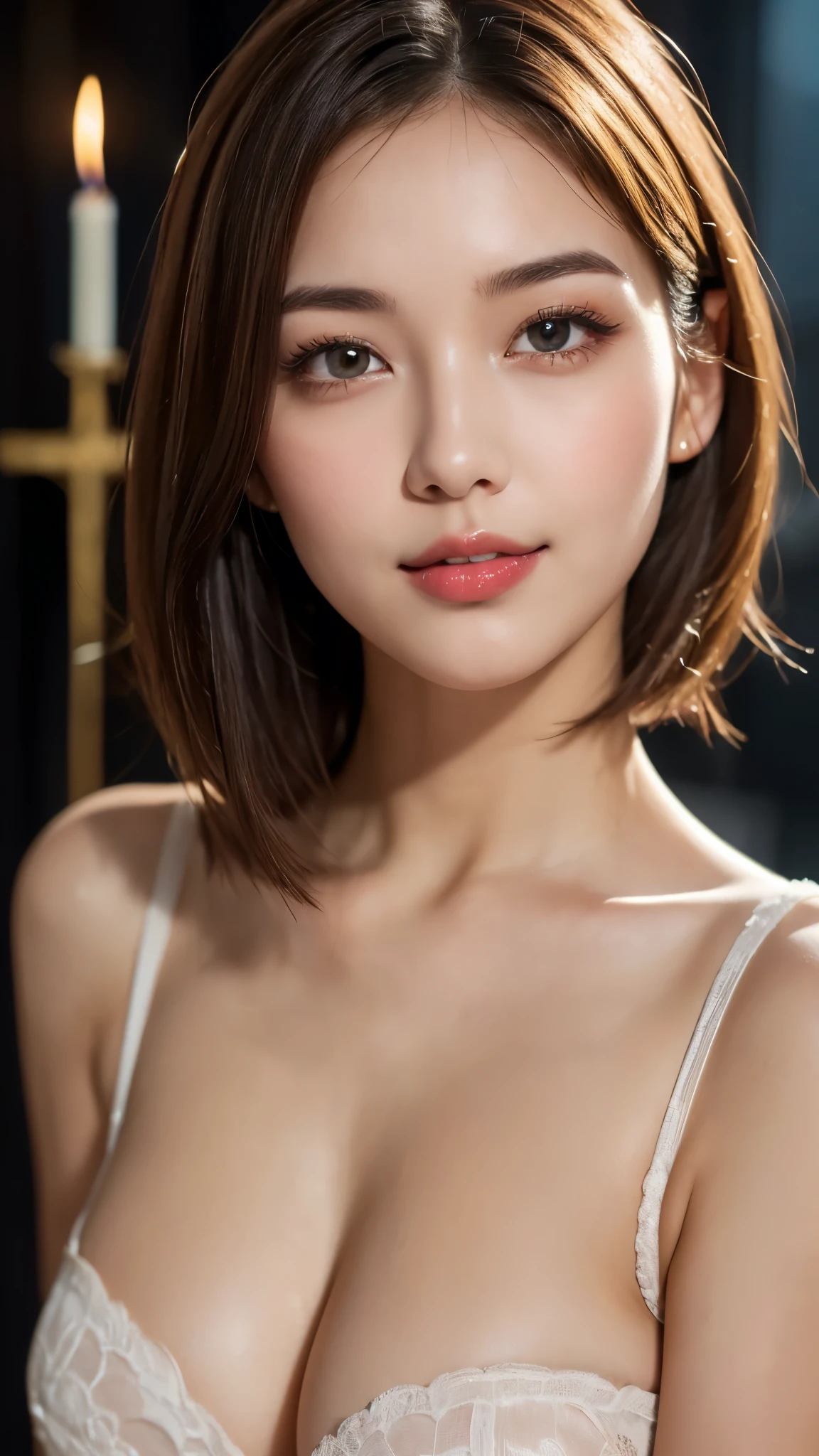 (photorealistic, 32k, RAW photo, best quality: 1.4), (masterpiece:1.3), (absurdres, attractive, ultra high resolution, ultra realistic, highly detailed, golden ratio, ultra detailed, super fucking beautiful detailed face), natural makeup, detailed cloth texture, detailed hair texture, beautiful detailed fullbody, Perfect female body, accurate, Anatomically correct, Highly detailed face and skin texture, (beautiful hands), (realistic skin), (beautiful pale skin:1.1), (large breasts), (thighs), (cowboy shot:1.3), (Perfect dynamic composition, looking at viewer),
BREAK,
realistic eyes, beautiful detailed eyes, symmetric eyes, Light Brown eyes, Double eyelids, Thin eyebrows, (Glossy lips:1.4), ((A face with waiting for a kiss, Seductive smile:1.2)), (weat skin, blush:1.1),
BREAK,
((short hair, bob, Dark blonde hair, bangs:1.2)), (night, Candlelit church:1.3), (Priest attire, cross:1.3)