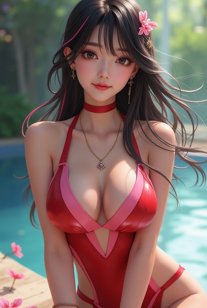 1girl, solo, asian girl, beautiful girl, long hair, breasts, looking at viewer, blush, smile, open mouth, bangs, large breasts, black hair, hair ornament, red eyes, navel, cleavage, bare shoulders, jewelry, collarbone, swimsuit, pink hair, braid, bikini, thighs, multicolored hair, outdoors, choker, necklace, blurry, collar, streaked hair, thigh strap, leaning forward, blurry background, red bikini, pink bikini, beautiful face, (upon body to waist:1.35), tyndall effect, photorealistic, 8k uhd, dslr, high quality, volumetric lighting, candid, Photograph, high resolution, 4k, 8k, Bokeh, (hyper-realistic girl), (illustration), (high resolution), (extremely detailed), (best illustration), (beautiful detailed eyes), (best quality), (ultra-detailed), (masterpiece), (wallpaper), (photorealistic), (natural light), (rim lighting), (detailed face), (high detailed realistic skin face texture), (anatomically correct), (perfect hands), (correct fingers), (heterochromic eyes), (detailed eyes), (sparkling eyes), (dynamic pose), (loose hair:1.35), looking to viewer