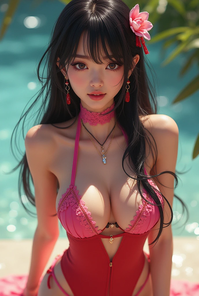 1girl, solo, asian girl, beautiful girl, long hair, breasts, looking at viewer, blush, smile, open mouth, bangs, large breasts, black hair, hair ornament, red eyes, navel, cleavage, bare shoulders, jewelry, collarbone, swimsuit, pink hair, braid, bikini, thighs, multicolored hair, outdoors, choker, necklace, blurry, collar, streaked hair, thigh strap, leaning forward, blurry background, red bikini, pink bikini, beautiful face, (upon body to waist:1.35), tyndall effect, photorealistic, 8k uhd, dslr, high quality, volumetric lighting, candid, Photograph, high resolution, 4k, 8k, Bokeh, (hyper-realistic girl), (illustration), (high resolution), (extremely detailed), (best illustration), (beautiful detailed eyes), (best quality), (ultra-detailed), (masterpiece), (wallpaper), (photorealistic), (natural light), (rim lighting), (detailed face), (high detailed realistic skin face texture), (anatomically correct), (perfect hands), (correct fingers), (heterochromic eyes), (detailed eyes), (sparkling eyes), (dynamic pose), (loose hair:1.35), looking to viewer