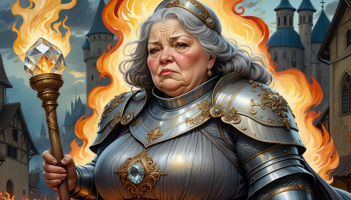 Highly detailed, UHD, 32k, medieval fantasy, Art Style of Rebecca Guay, digital painting, an elderly matron human female chubby villager, with some grey hair, wrinkled face, clad in silver armor and helmet, holding a magical staff. At the top of the staff there is a magical crystal that emits flames. She is at a medieval city. Her face expression is one of evil and stupidity.
