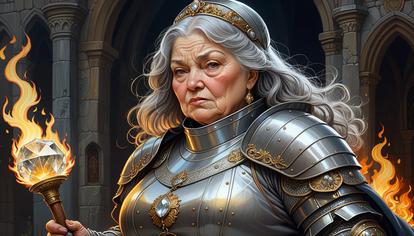 Highly detailed, UHD, 32k, medieval fantasy, Art Style of Rebecca Guay, digital painting, an elderly matron human female chubby villager, with some grey hair, wrinkled face, clad in silver armor and helmet, holding a magical staff. At the top of the staff there is a magical crystal that emits flames. She is at a medieval city. Her face expression is one of evil and stupidity.