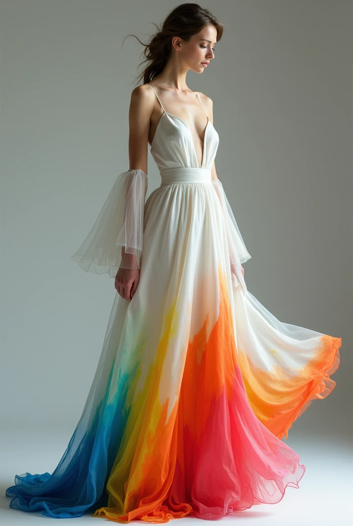 White frock dress for women with satin skirt having a painting with rainbow colour on bottom , having sleeves which are attached from top but unattached while coming down open from top of the arms  and length should reach till lower knees 