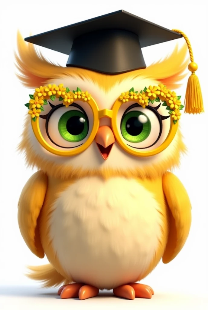 Disney Pixar style yellow owl, golden glasses with delicate yellow flowers and green leaves with heart-shaped frames, green eyes loving and happy, Grinning, with smooth feathers, fundo png, with graduation style teacher hat in black color