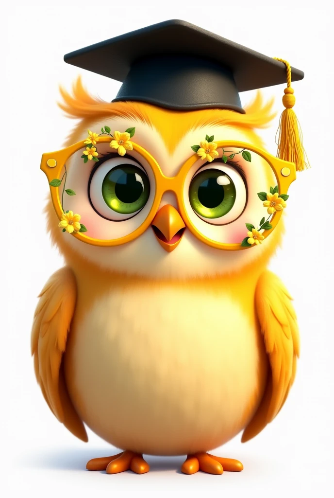 Disney Pixar style yellow owl, golden glasses with delicate yellow flowers and green leaves with heart-shaped frames, green eyes loving and happy, Grinning, with smooth feathers, fundo png, with graduation style teacher hat in black color