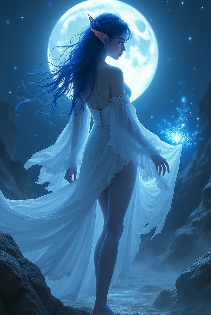 Moon elf androgynous illusionist with dark blue hair, blue skin and blue eyes