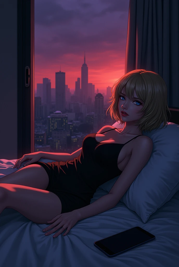 Blonde short hair sexy woman with blue eyes laying in a bed with a serious sad face, she is using a strap black dress, listen to her phone laying next to her, outside is dark but you can see the city lights as purple red and orange. Digital anime 90's art style