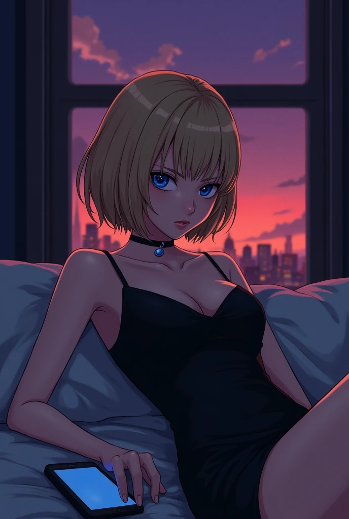 Blonde short hair sexy woman with blue eyes laying in a bed with a serious sad face, she is using a strap black dress, listen to her phone laying next to her, outside is dark but you can see the city lights as purple red and orange. Digital anime 90's art style