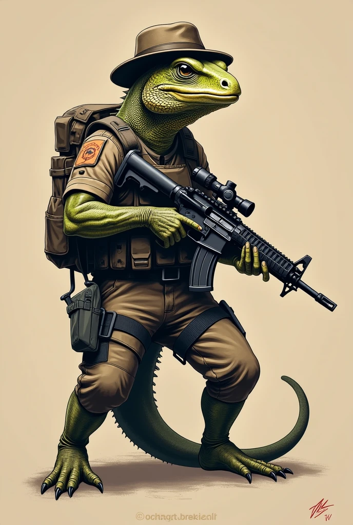 A tattoo design of a lizard wearing a tactical hat and rifle in a khaki colored uniform, Khaki colored vest, black belt and without wearing a backpack