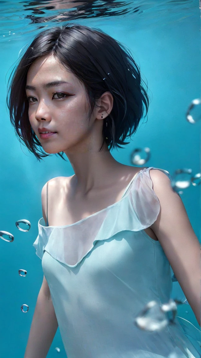 1girl, solo, looking at viewer, short hair, blue eyes, brown hair, black hair, collarbones, parted lips, water, lips, white sweater, sunlight, bubbles, underwater, ((small bubbles)), red balloons, high quality, 8k, hyperrealistic, cinematic lighting, photorealistic, masterpiece, exquisite details, intricate details, vibrant colors, natural skin tones, beautiful portrait, elegant pose, translucent water, floating bubbles, striking atmosphere, dreamlike ambience