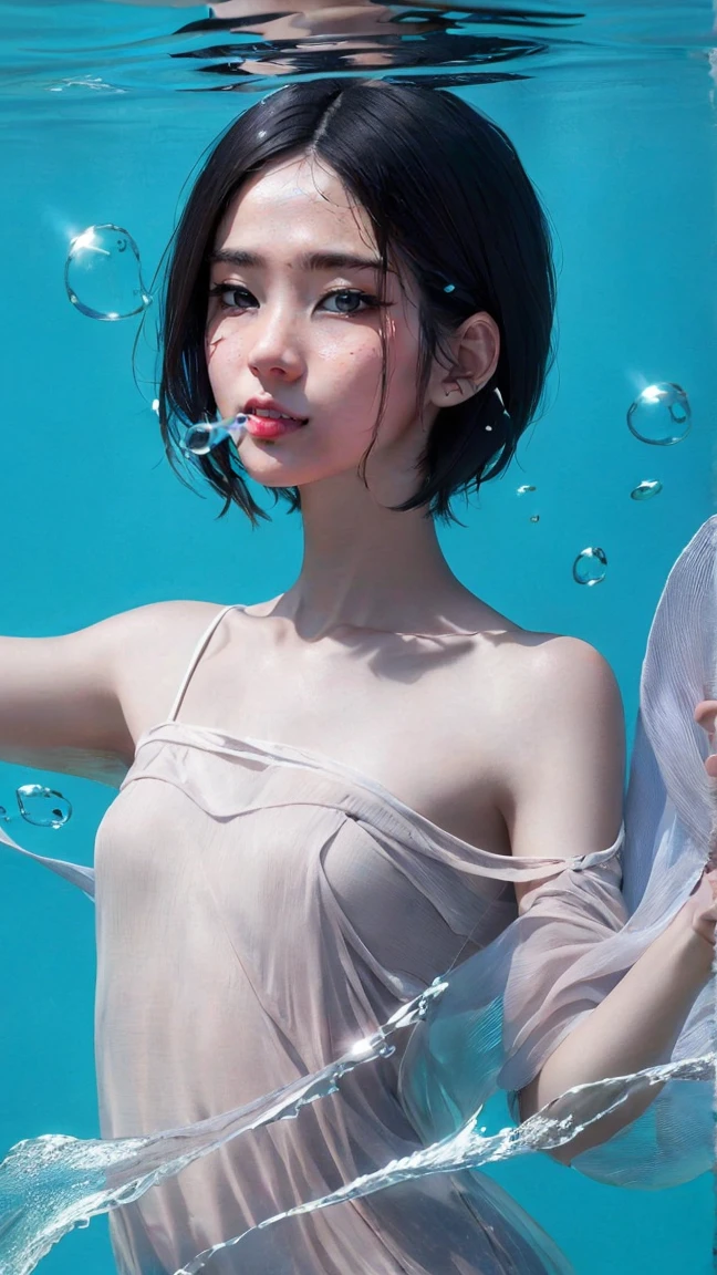 1girl, solo, looking at viewer, short hair, blue eyes, brown hair, black hair, collarbones, parted lips, water, lips, white sweater, sunlight, bubbles, underwater, ((small bubbles)), red balloons, high quality, 8k, hyperrealistic, cinematic lighting, photorealistic, masterpiece, exquisite details, intricate details, vibrant colors, natural skin tones, beautiful portrait, elegant pose, translucent water, floating bubbles, striking atmosphere, dreamlike ambience