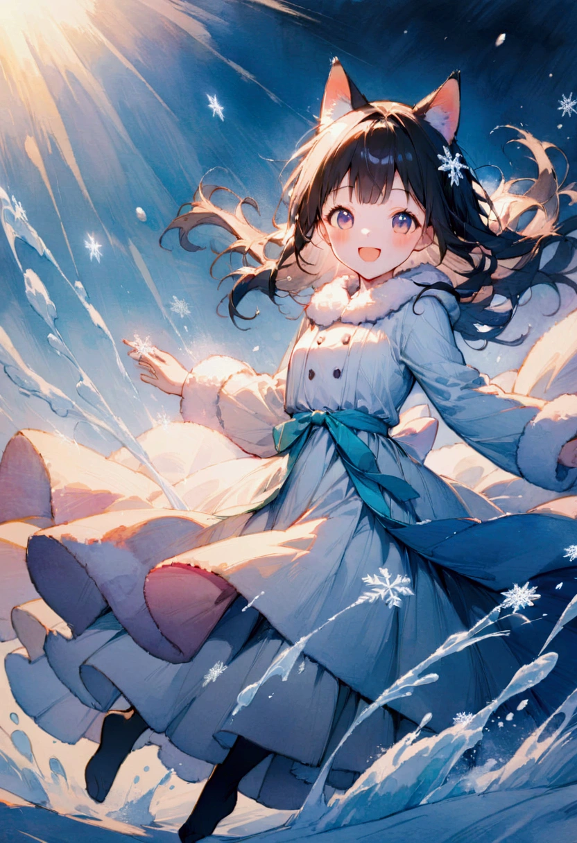 Scene of Happiness, Whimsical watercolor illustration of a tuxedo cat playing in the snow, jumping to catch snowflakes with a big smile. Soft textures, splashes of bright watercolor on textured paper, inspired by Beatrice Blue and Erika Robe, masterpiece, best quality, very aesthetic, absurdres