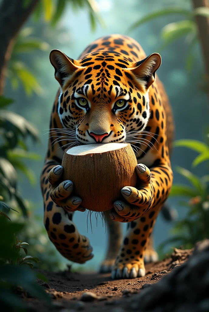 A jaguar holding a coconut