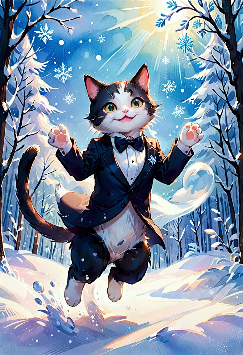 Scene of Happiness, Whimsical watercolor illustration of a tuxedo cat playing in the snow, jumping to catch snowflakes with a big smile. Soft textures, splashes of bright watercolor on textured paper, inspired by Beatrice Blue and Erika Robe, masterpiece, best quality, very aesthetic, absurdres