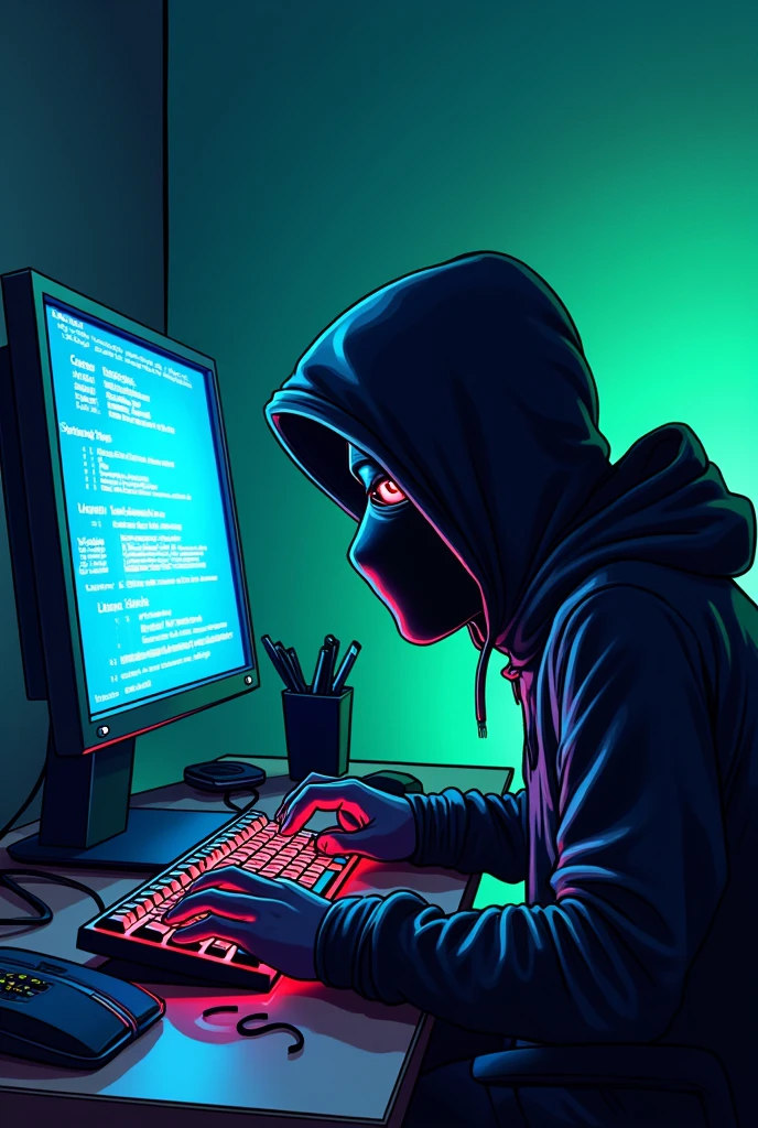 Hand drawn a having fun hacking a computer with the usual hacker background face covered leds in the keyboard (blue) leds in the computer (green) forward shot and a written with Samuel written in hacker cartoon style