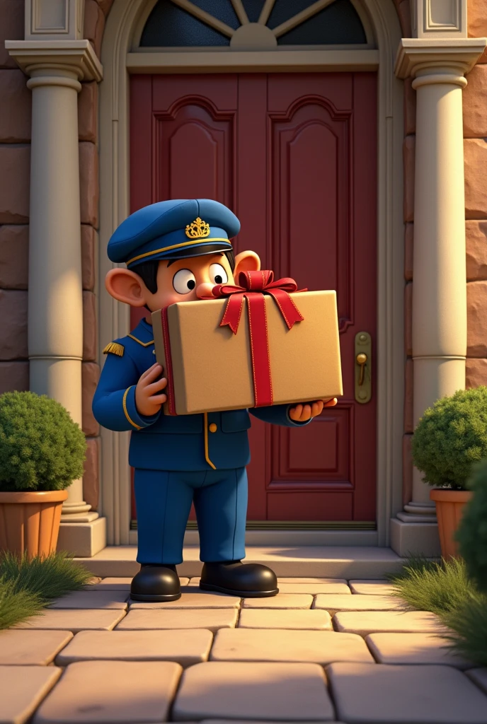 Postman Pat delivering a big gift to a Khan at his door on the gift written a gift from ali izadbakhsh 