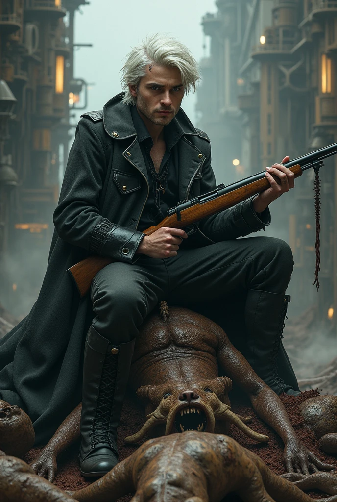 draws a young man with a tone of white hair combed back subtly, sitting on a pile of bleeding corpses holding a rifle, steampunk style, the boy has a scar on the right side of his face, a tiger's claw