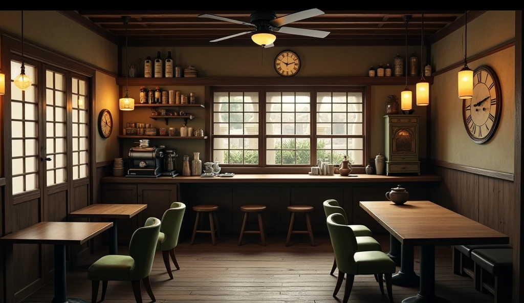an underground Japanese coffee shop built in 1800, cafeteria with old structure from the seventeenth century, windowless, with six domed lights hanging from the ceiling, coffee shop tinged with a sepia tone inside, almost no light, very dark, minimum light in the cafeteria, on the wall of the cafeteria there were three large, old wall clocks, each with a different schedule, the coffee shop has three seats at the counter, Behind the counter there is a space for employees to enter and shelves with ingredients and coffee machines, and three tables for two people with chairs with cabriolet legs and moss green upholstery, on the ceiling there is a ceiling fan with three wooden blades