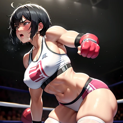 {she is Striking opponent's face by hard punch}, two {bloody}beautiful young female heavyweight fighters are fighting by extreme bareknuckle boxing in the octagon fighting ring of underground arena with audience. A fierce exchange of dynamic punches. they are beating each other so hard. survival battle. whole body picture. they are covered in scars and bruises. they are damaged terribry. Short-cut black hair, out of breath, drooling from mouth, one eye is closed, exhausted, drenched in sweat. Erect nipples. open finger glove. Ragged white and pink lined sports bra, high leg panty, Stockings. armwarmers. small breasts, armwarmers. Whittled waistline, muscular, six-pack abs, very thick arms and thighs, super huge tits.
