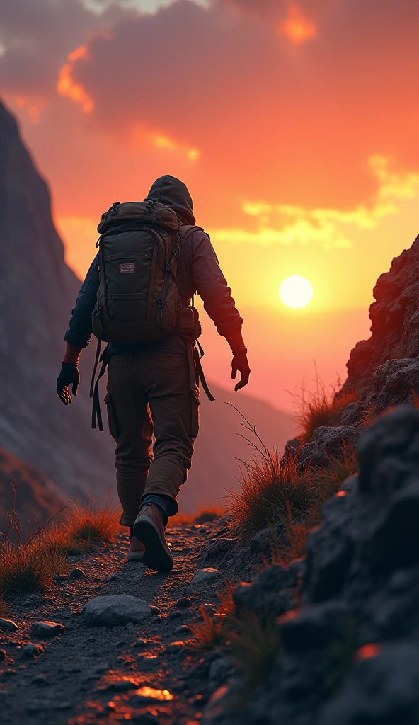 A hiker climbing a steep, rocky path with a sunrise on the horizon. The hiker is worn out but still moving forward with an unwavering spirit, highlighting perseverance.