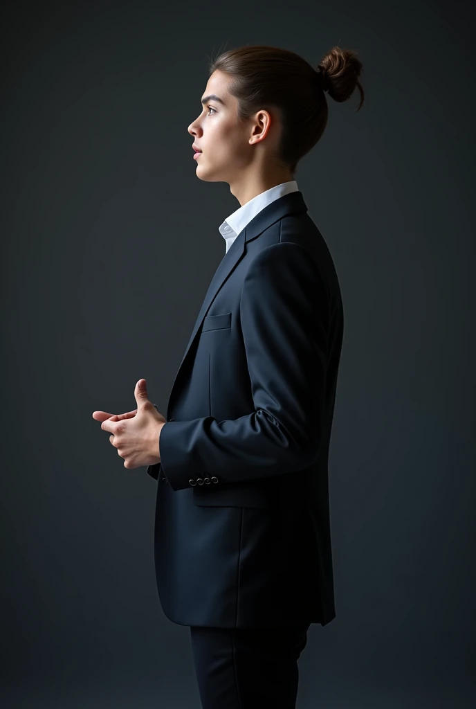 Beautiful , stylish boy, wearing office suite, tied hairs , delivering a presentation on multimedia  ,  blackish plain background , 