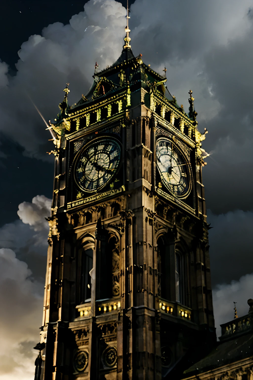 image of the Big Ben clock face pointing to midnight, on a dark night with clouds, high quality cinematic image