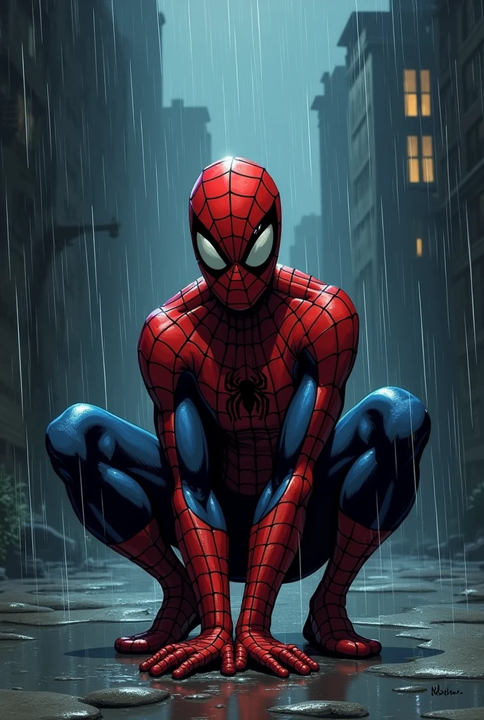 Create a cover for a Spider-Man comic book featuring the classic costume to make it feel like a dark story, The costume must be from the 1994 Spider-Man, Make it more cartoonish and dark for Halloween time, Spider-Man must sit down and, with his classic outfit, add rain add title The Amazing Spider-Man : The Dark Year
