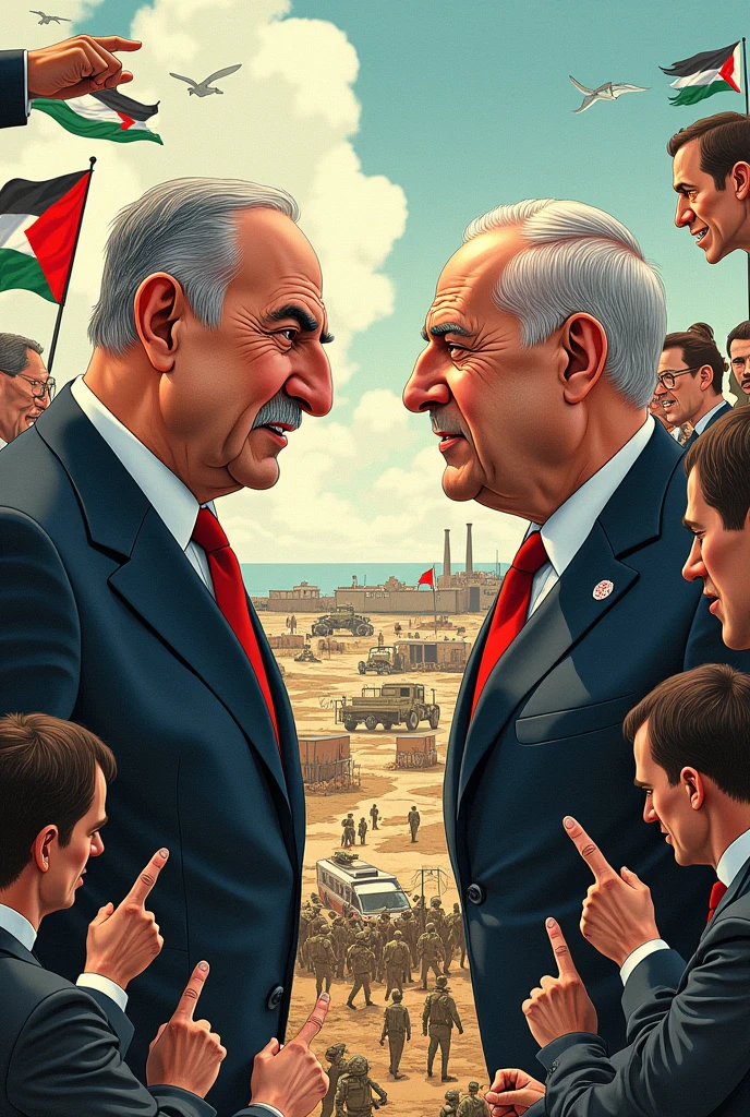 Act like a tenth grade student and make a drawing about what is currently happening in Palestine with Israel that is creative, conveys an idea, and is caricature-like. 