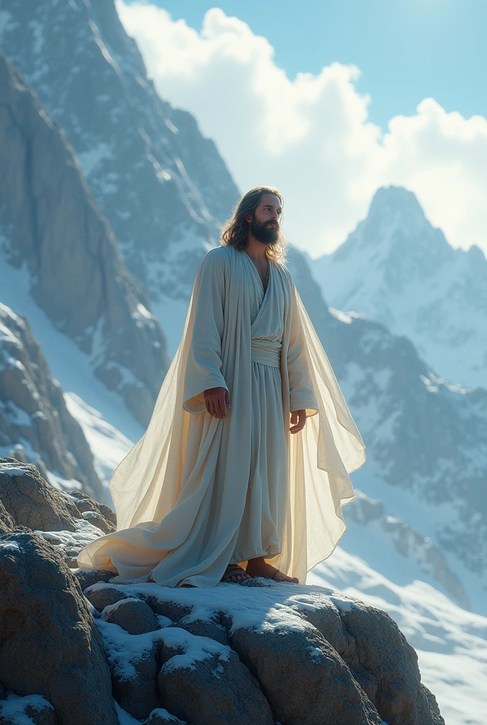 (photo realism: 1.2) a man like Jesus of Nazareth, built on a mountain, and from it comes a white shining light.