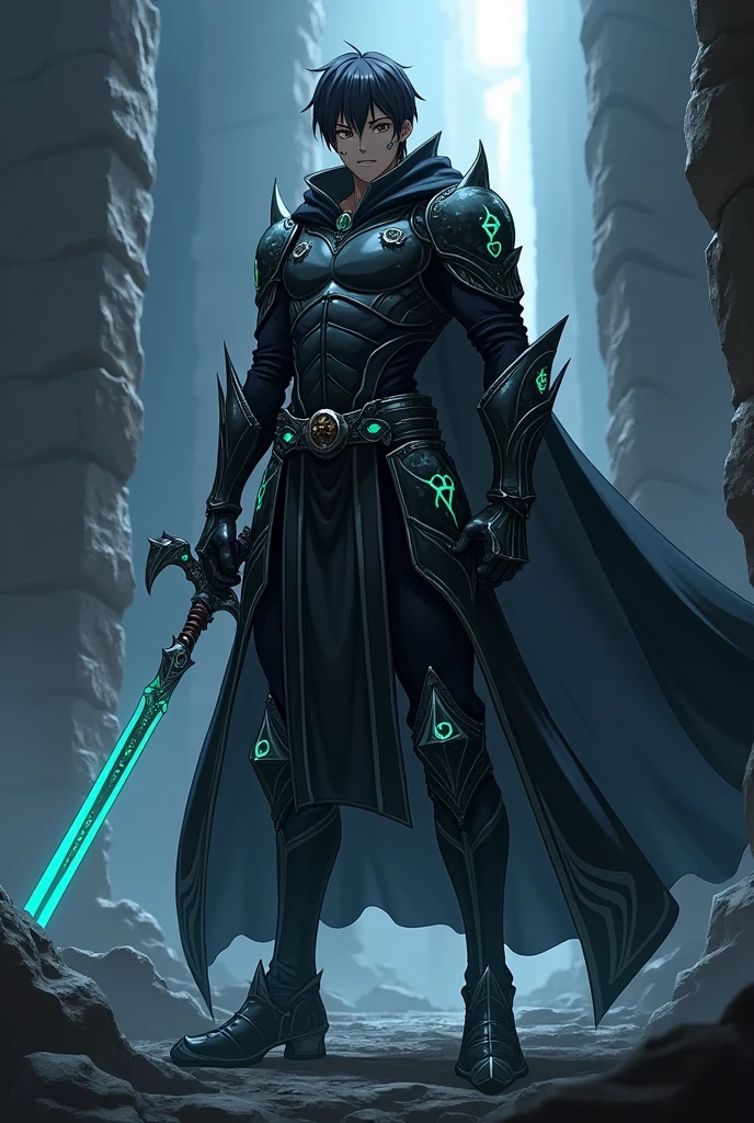Anime-style dark hunter, tall and athletic build, short dark hair, black intricately designed armor with glowing symbols, wields a sword with a glowing blade, stern and determined expression, scar across face, dimly lit ancient battlefield background with shadows and faint beams of light.