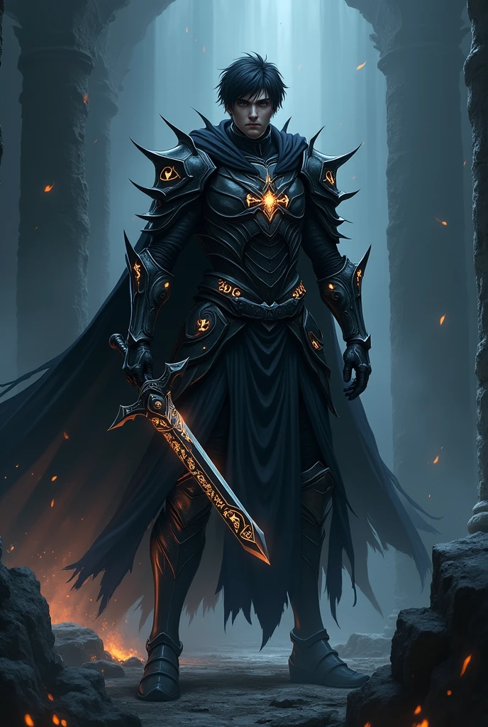 Anime-style dark hunter, tall and athletic build, short dark hair, black intricately designed armor with glowing symbols, wields a sword with a glowing blade, stern and determined expression, scar across face, dimly lit ancient battlefield background with shadows and faint beams of light.