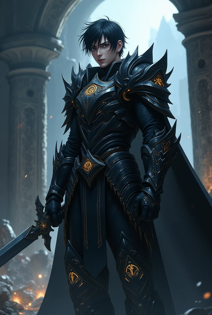 Anime-style dark hunter, tall and athletic build, short dark hair, black intricately designed armor with glowing symbols, wields a sword with a glowing blade, stern and determined expression, scar across face, dimly lit ancient battlefield background with shadows and faint beams of light.