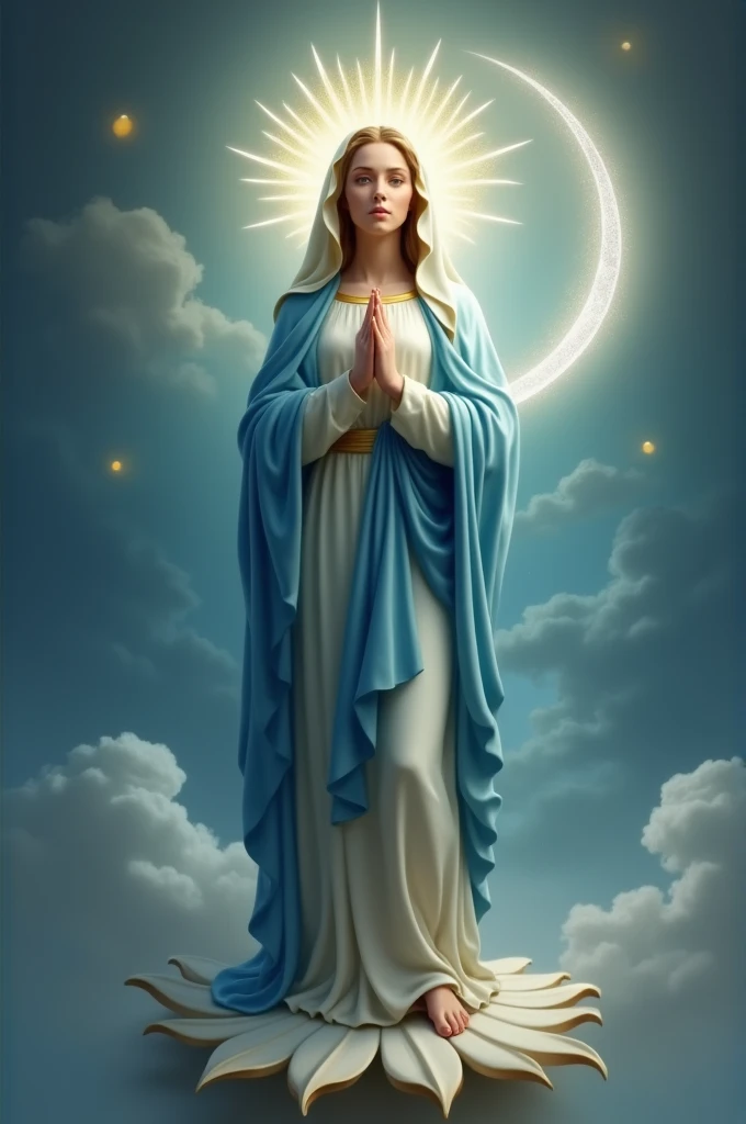 Virgin Mary in Blue,Moon pedal foot,on the head crown shining light