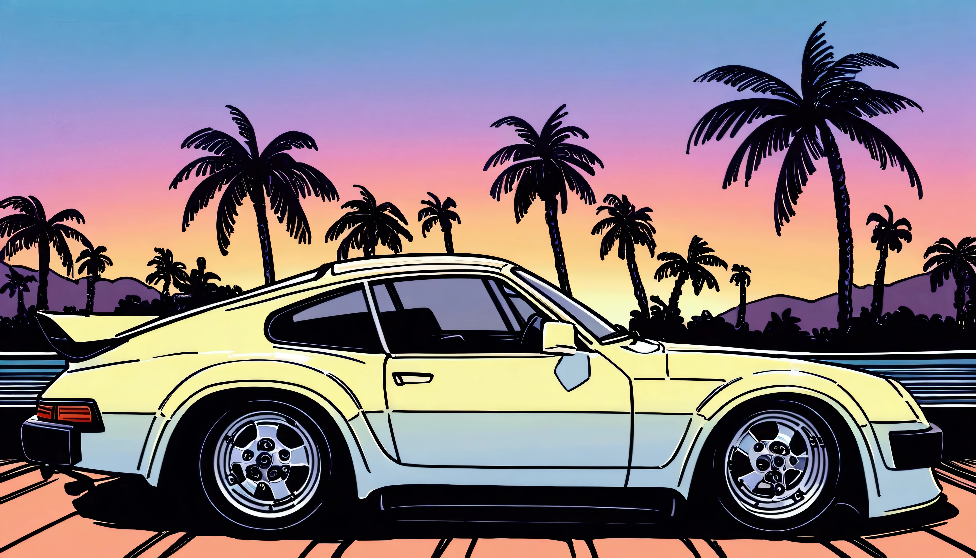 ((ＴShirt Design)), 1983 Porsche 924, Sunset background, Palm tree, Layers with 5 colors, Corner of the street, Berek's drum, Plethean, 