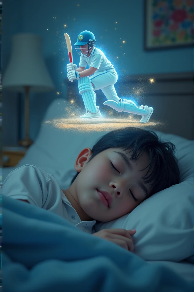 Creat a pic of a boy sleeping in bed with closed eyes seeing himself playing cricket in dream, the image of playing boy should be above the boy sleeping in dreaming frame