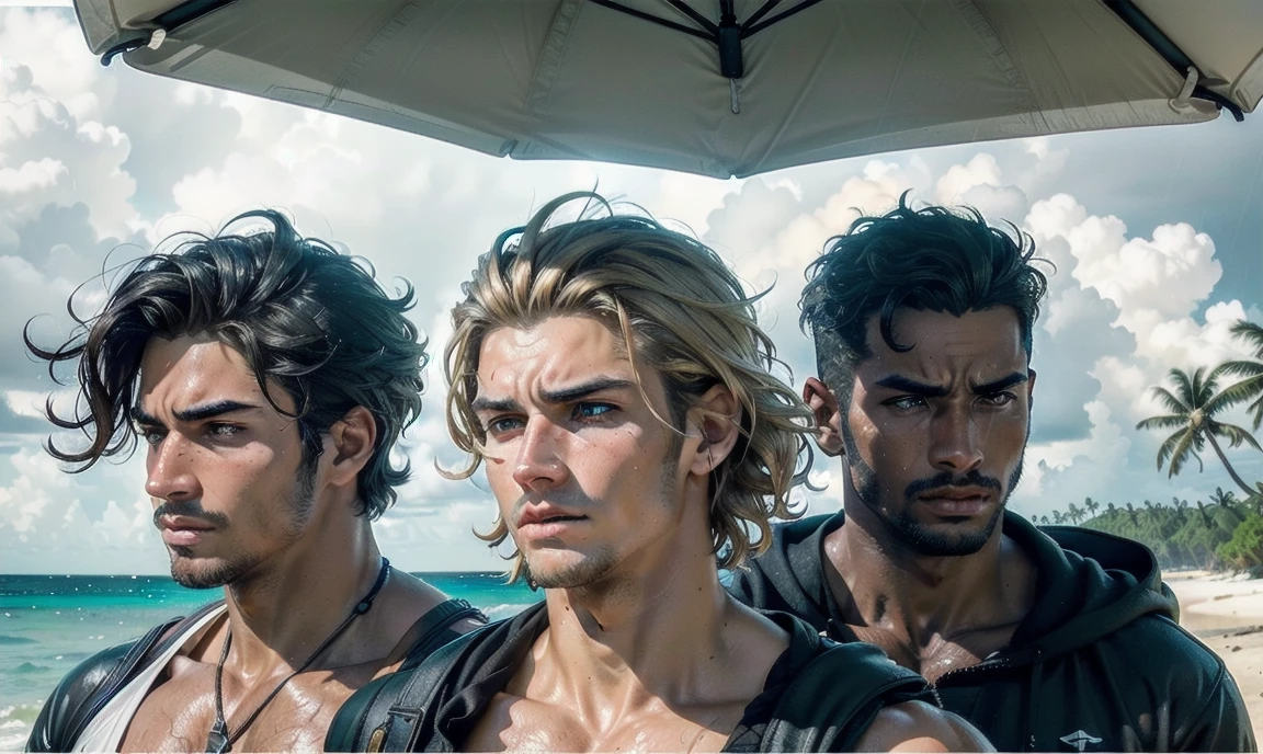 [((highly detailed, detailed eyes, detailed face, clear and realistic facial features, photorealistic, realistic light, cinematic, close up)), ((((3 men, each man looks unique, each man has a different natural hair color and different facial features and skin color)))), (((sexy male college-age jocks standing on the beach and looking angry or frustrated))), ((wearing weathered casual clothes)), ((wet)), ((beautiful deserted tropical island with a storm in background))]