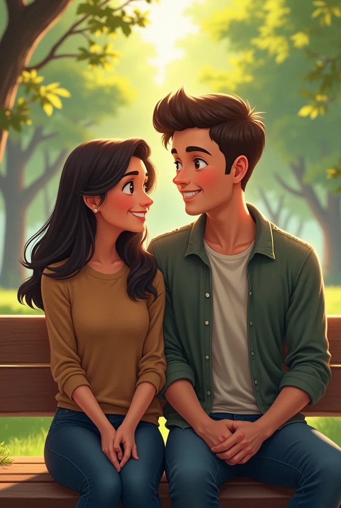 Liam (man) and Lila ( woman) smiling and seat on a bench. , Realistic image