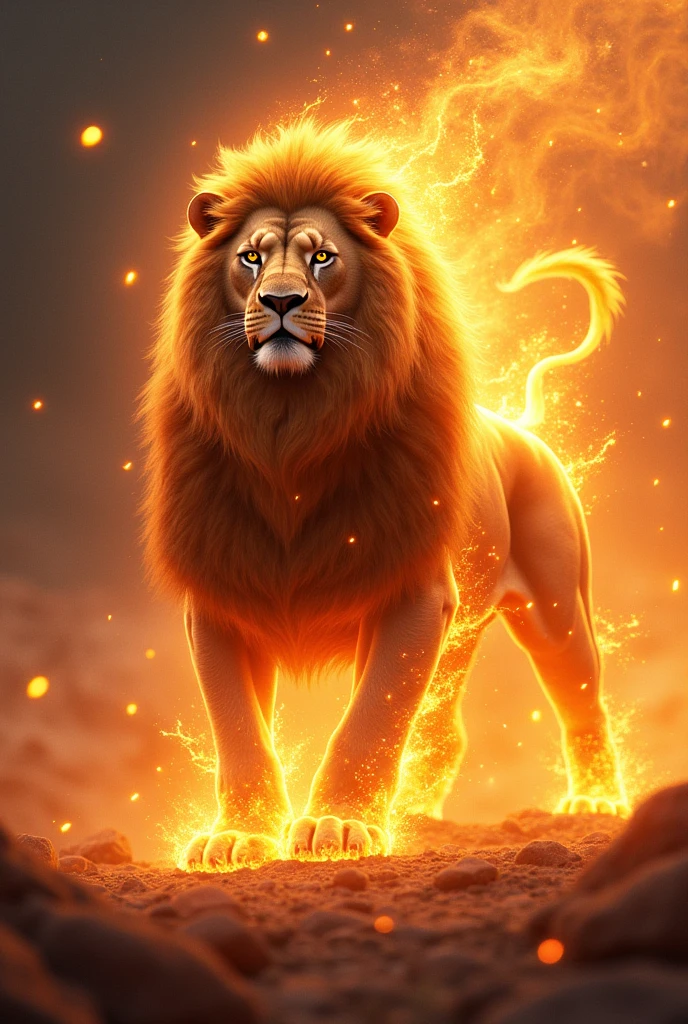 A lion on fire, attack stance and fixed gaze conveying authority and focus, with lights around her of royalty and more mystical spiritual style reflecting on her strong body, highlighting the energy vibration of your authority