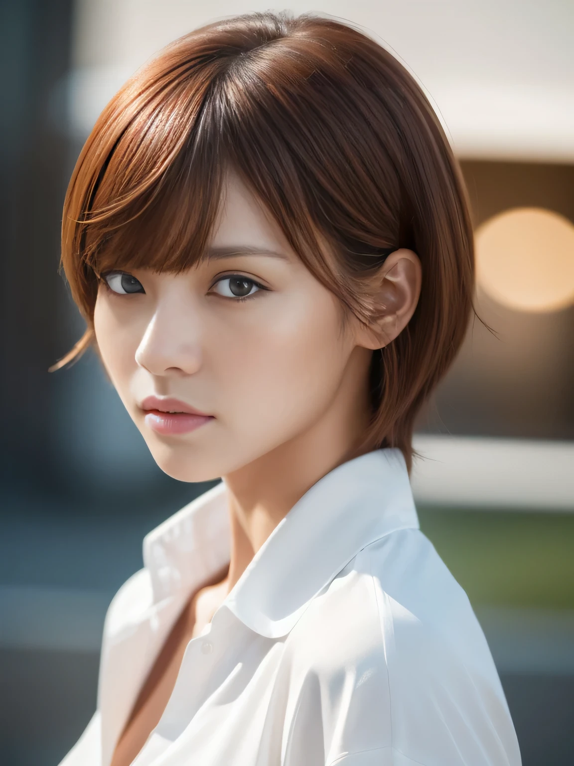 (Detailed skin), (Shiny skin), 8k, Highest quality, masterpiece, Ultra-high resolution, (Realistic:1.4), RAW Photos, (Soft saturation), Mixed-race Japanese women, Red hair, asymmetrical bangs, (Pretty face:1.4), (cinematic lighting:1.3), (Highly detailed face, Highly detailed lips, fine grain, double eyelid, Highly detailed and evenly balanced eyes), (Sharp focus:1.2), ((Full Body Shot)), (Perfect Anatomy:1.3), (Beautiful woman with perfect figure:1.2), (white shirt with collar), (Random poses:1.2),
