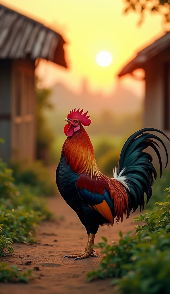 A rustic village house in a poor village of Vietnam with a small garden in front. The first morning sunlight from dawn, the rooster stretches its long neck and wings to crow to welcome the dawn, showing signs of life, full of energy, the photo has depth, close-up of the rooster, in the distance is the village and the sunrise