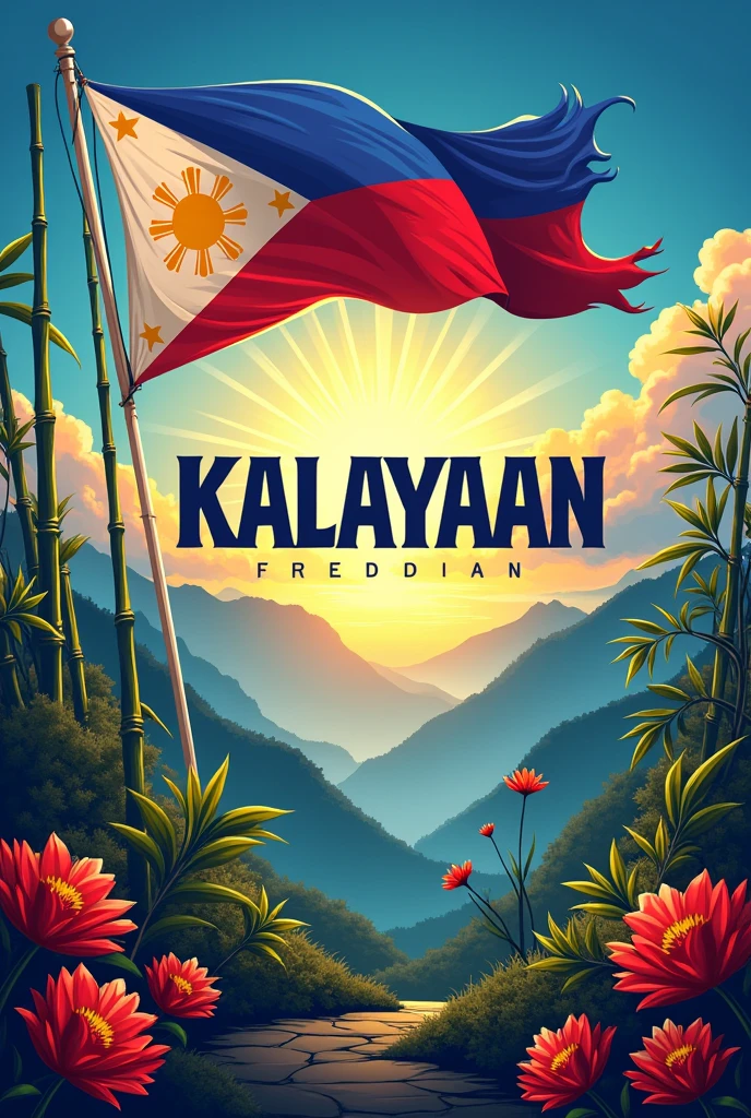 A powerful and vibrant poster celebrating Kalayaan (Freedom) in the Philippines. The design features the Philippine flag prominently, with rays of sunlight breaking through, symbolizing hope and independence. Include traditional Filipino elements such as the sampaguita flower, bamboo, and heroes like Andrés Bonifacio and Jose Rizal in the background. The word 'Kalayaan' is written in bold, stylized text at the center, with a backdrop of majestic mountains and a blue sky. The overall color palette includes reds, blues, yellows, and whites, echoing the colors of the Philippine flag