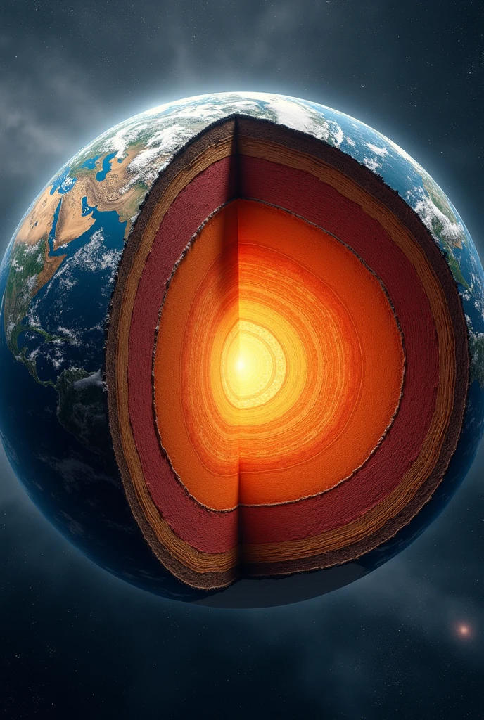 The oldest known rocks are 4.000 a 3.800 million years, and are found in Canada and Greenland.
the earth, with an average radius of 6.371 km, It is made up of four main parts: Inner Core, Outer Core, Mantle and Crust; These layers formed when the Earth began to cool and the heavier, warmer materials sank., concentrating on the center.
Figure 1 illustrates a section of the Earth, where you can see the different parts that compose it.
Earth Section Figure 1: Earth's Core Cut, located in the central part, It has an internal layer of solid and dense material, llamado Inner Core; while the outer part, composed of molten rock, se la conoce como Outer Core.
The Mantle has a thickness of approximately 2.900 km and is made up of different types of rocks. At certain depths, rocks behave as a viscoelastic medium capable of plastic flow., due to the partially molten state of the rocks; On the other hand, As the depth increases, the medium becomes more rigid..
The outermost layer of the Earth is the Crust. You could say it's like "the shell" of the globe, due to its reduced thickness in relation to the radius of the Earth.
The characteristics of the crust are considerably different in the oceans than on the continents.. The Oceanic Crust is made up of very resistant basaltic rocks., with thicknesses varying between 5 and 10 km, While the continental shelves have a lower density than the previous ones, they are formed mainly by granitic rocks on a base of basalt, with an average thickness of 35 km that can reach a maximum of 75 km.
The Earth's crust is deformed, folded and fractured due to thermal convection currents originating in the mantle, which explains the irregular character of the earth's surface. The division between the mantle and the crust is