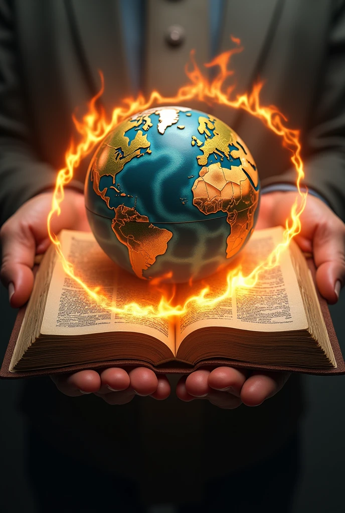 Two open hands with palms facing up, on top of the hands a large open bible and a globe on top of the bible. Rings of fire surrounding the globe, looking like fire is entering the globe. no back ground. Very realistic and magical With a written caption: "ADMIRE"