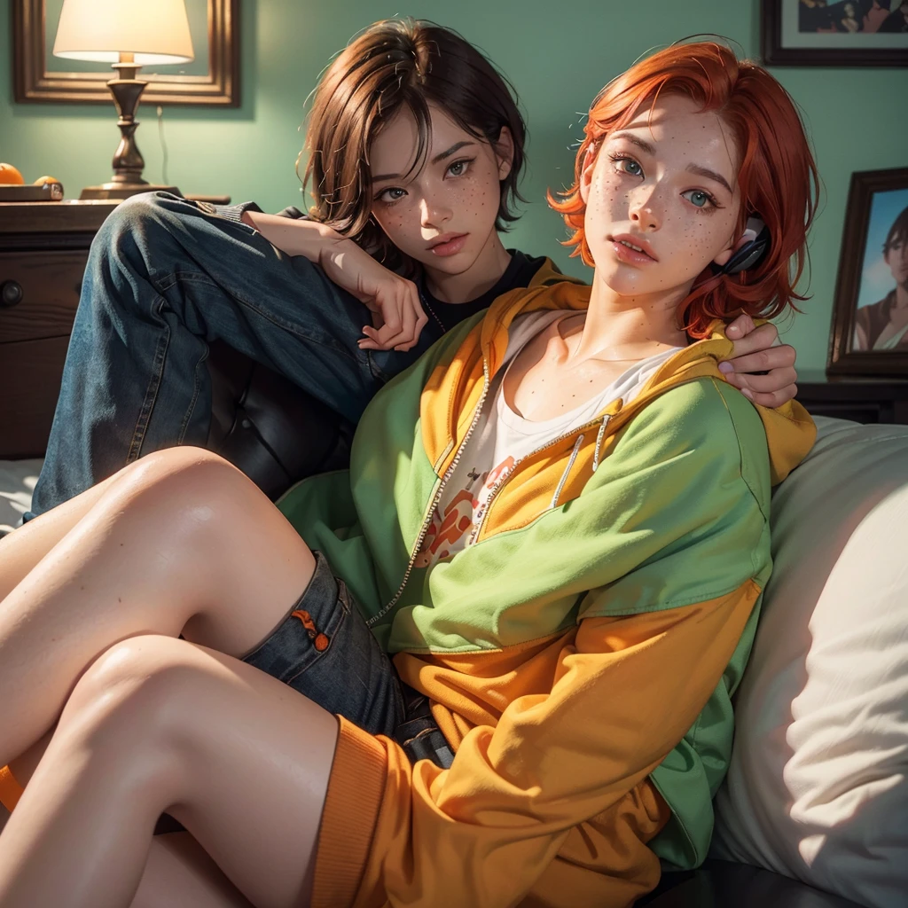 a young boy with short red hair, pastel green eyes, light skin, small pink freckles on his face, wearing orange headphones, an orange jacket, a black shirt with colorful details, black pants, and black sneakers, sitting on the bed in his room looking up while listening to music, sunset, (best quality,4k,8k,highres,masterpiece:1.2),ultra-detailed,(realistic,photorealistic,photo-realistic:1.37),extremely detailed face and eyes, beautiful detailed lips, detailed skin and freckles, warm lighting, cinematic, vibrant colors, natural lighting, cozy atmosphere, soft focus, magical, dream-like