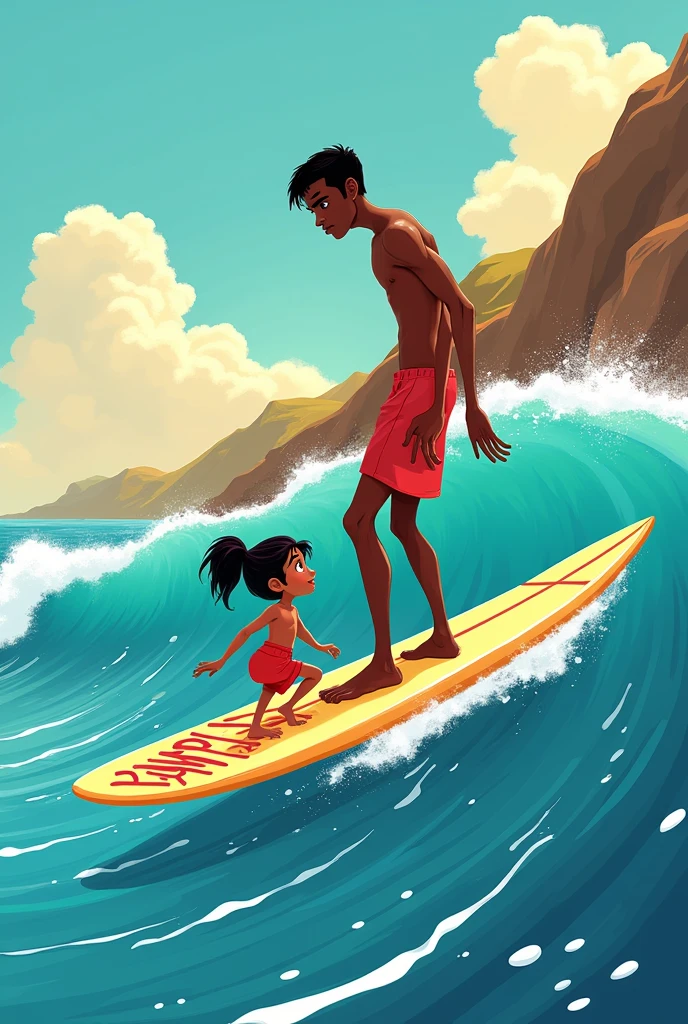 A Disney image containing a tall, skinny, dark-skinned surfer accompanied by a short, Peruvian-featured surfer with a surfboard that says pampilla