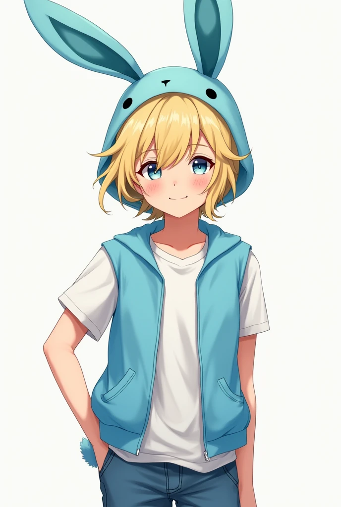 Create a medium sized anime male character who has fluffy blonde hair, has light skin, wears a sky blue bunny hat, has a blue fleece vest, and has denim pants.