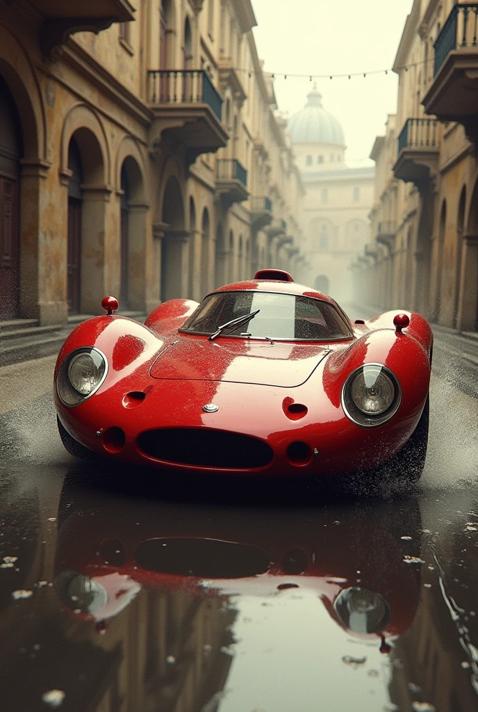 red race car, in the style of sam spratt, historical illustrations, old masters, genndy tartakovsky, soggy, masaccio, monochromatic realism --ar 63:128 --stylize 750 --v 6