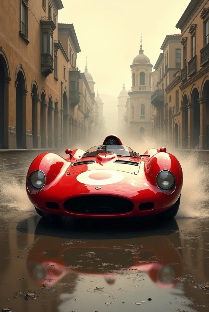 red race car, in the style of sam spratt, historical illustrations, old masters, genndy tartakovsky, soggy, masaccio, monochromatic realism --ar 63:128 --stylize 750 --v 6