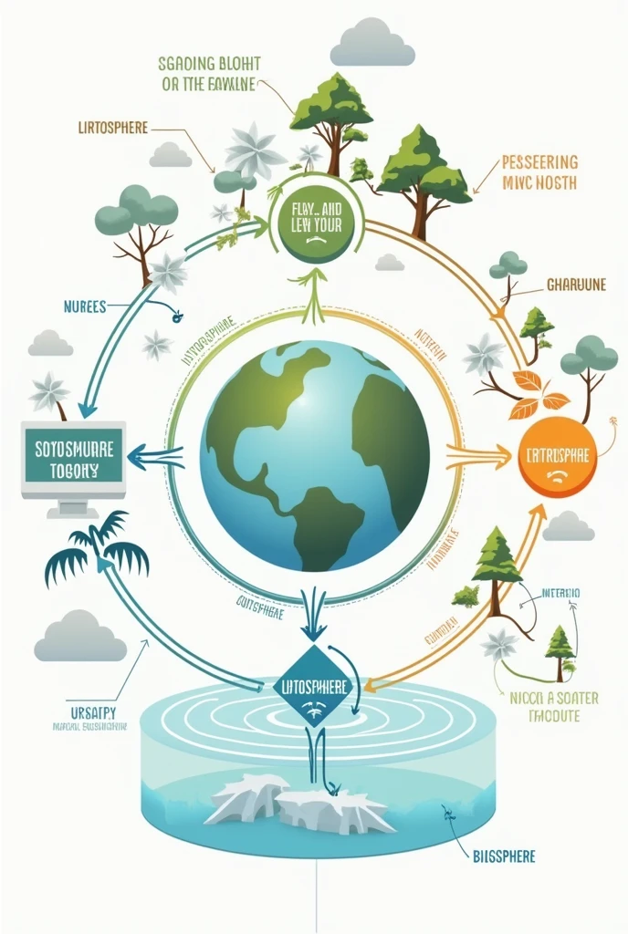 Show a diagram that shows how these 4 subsystems (Lithosphere, Hydrosphere, Atmosphere, and Biosphere) interact with each other to provide life on earth. (Put a text where is the lithosphere,Hydrosphere, atmosphere and biosphere. And also make it a very simple but understandable drawing)