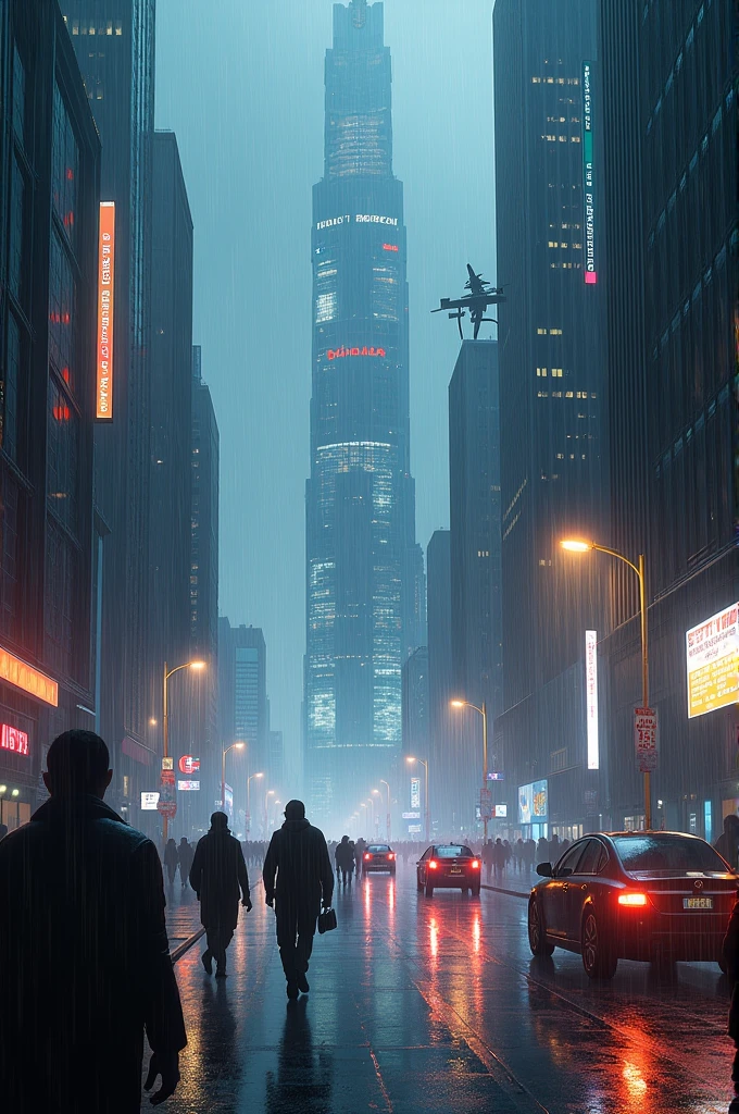 Beautiful night cyber night city with rain