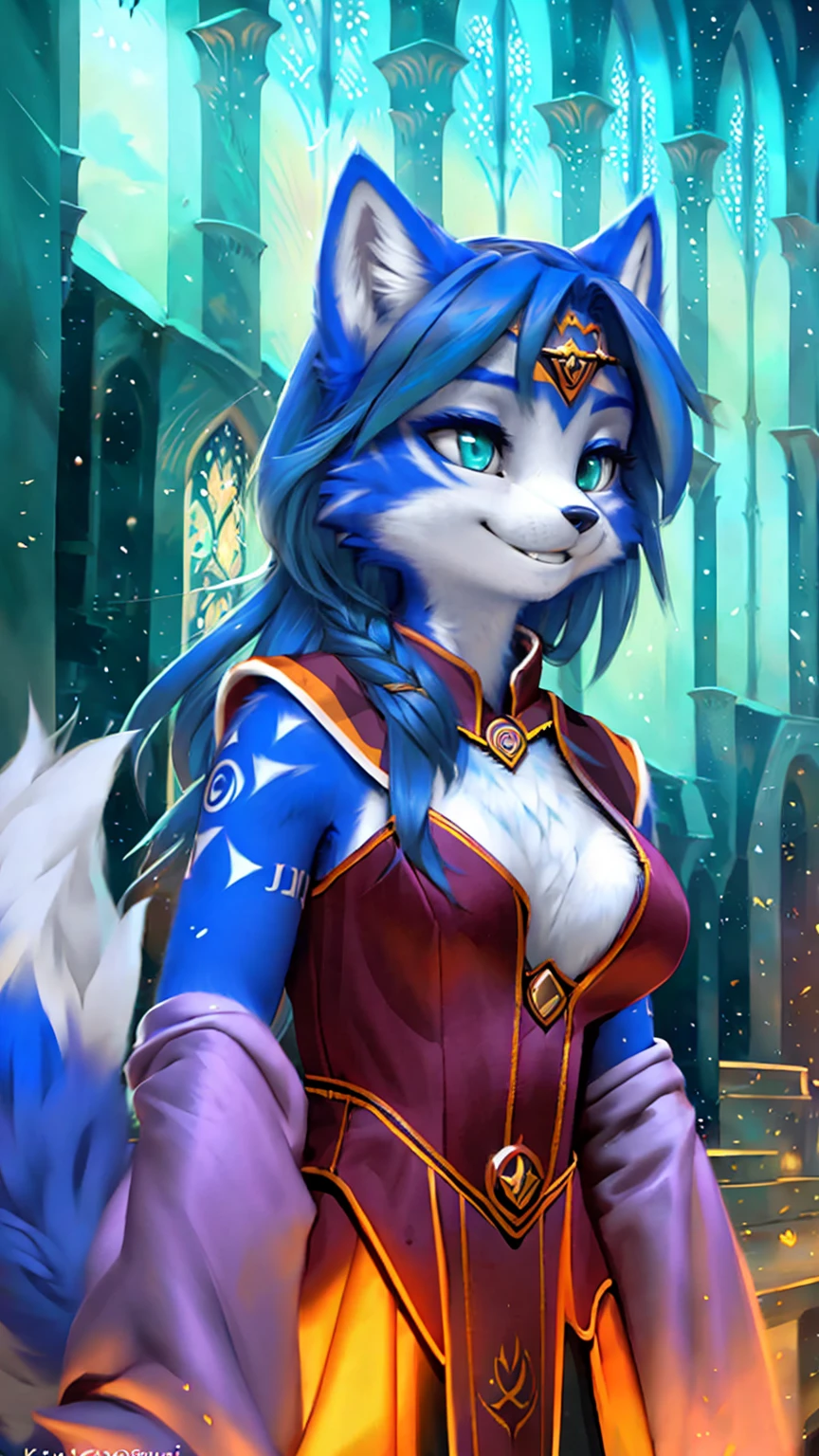 A beautiful and detailed (sweet picture) wa ((krystal)), Star Fox Krystal, sslim, lovable, green eyes, medium breasts, (((Long blue hair 1.3))), Decollete, grin, look up,, anthro, furry, Uploaded E621, detailed fluffy fur, (wa Fluff-Kevlar, Bayard Wu, personalize me, Pino Daeni), detailed face, (fluffy), 1 girl, alone, sweet girl, alone, ((((is located in Hogwarts)))), magician clothing